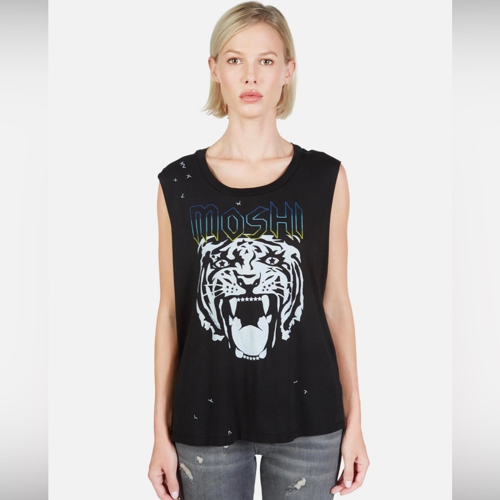 Lauren Moshi Kel Moshi Star Tiger Black Muscle Tank Top Tee Size XS